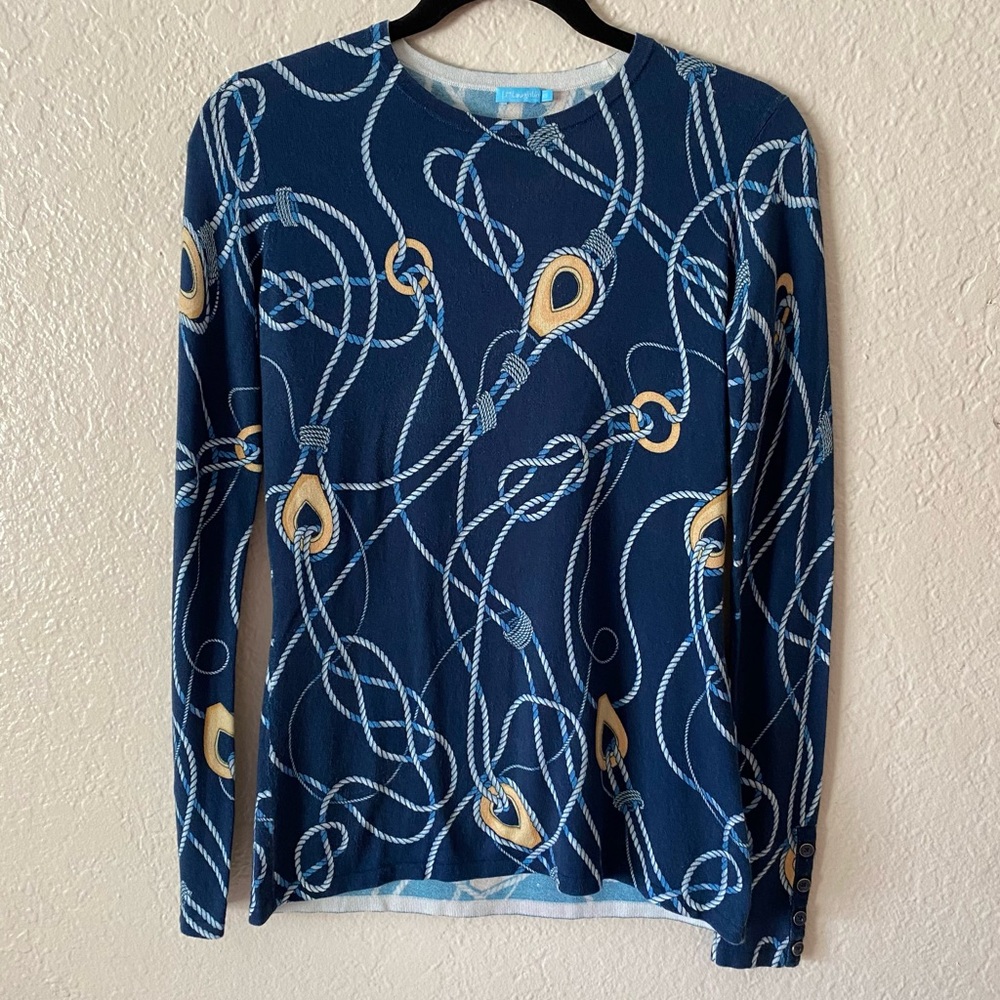 J. McLaughlin Button-Cuff Togglewood Lenny Crewneck Sweater Size XS/S Blue Gold - Picture 2 of 7